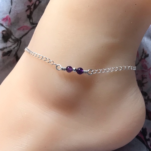 Amethyst Sterling Silver Ankle Bracelet- Dainty Anklet- 2 Amethyst Beads Anklet - Picture 3 of 4